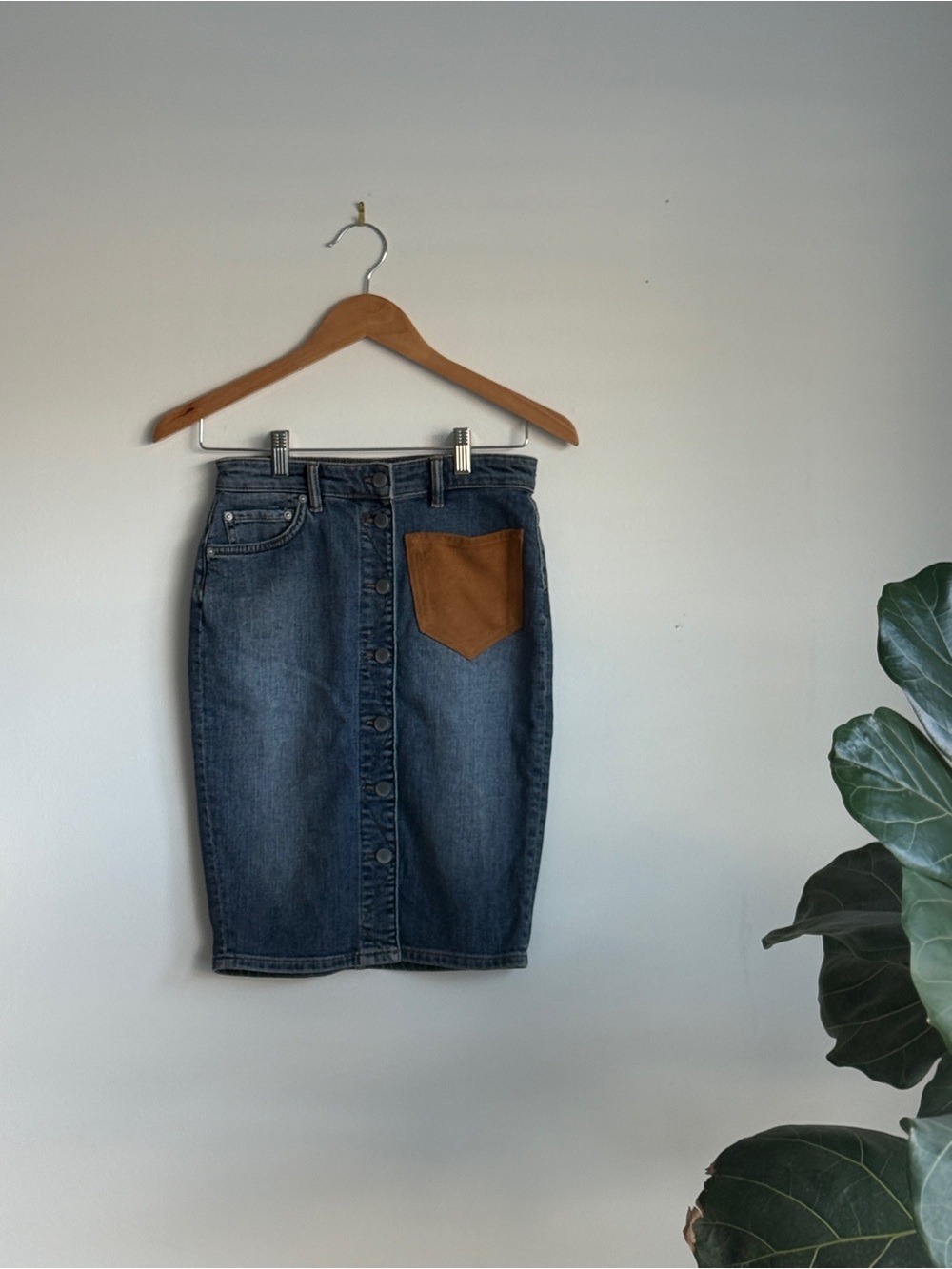 Vintage All Saints Blue Denim Pencil Skirt with Brown Front Pocket